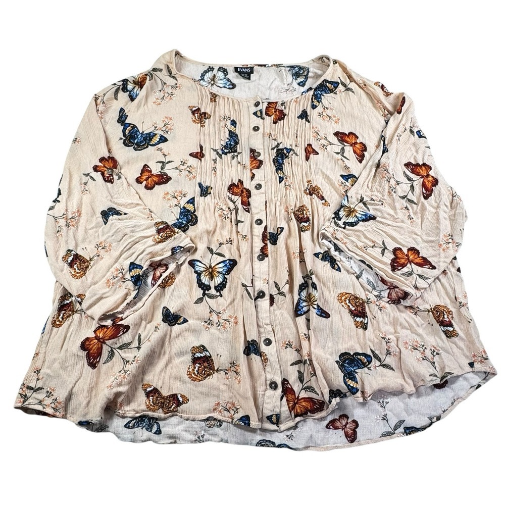 Evans Top‎ Women's 30/32 Butterfly Floral Long Tunic 3/4 Sleeves Blouse